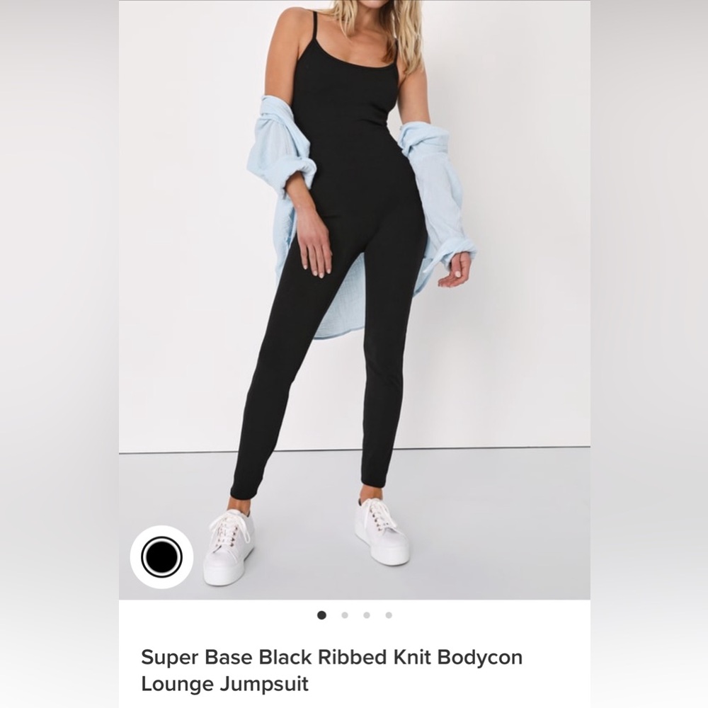 Lulus Super Base Black Ribbed Knit Bodycon Lounge Jumpsuit
